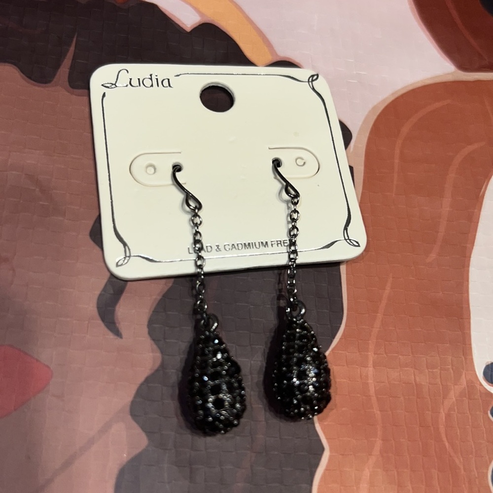 Encrusted Jet Black Rhinestones Teardrop Chained Drop Earrings, Ludia